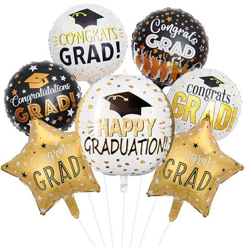 7 Stück Abschlussfeier Luftballons, Abschluss Deko Folienballon, Congrats Prüfung Bestanden Deko Helium Ballon, Graduation Deko Folienballon Schwarz Gold, für Graduation Deko, Bachelor Deko