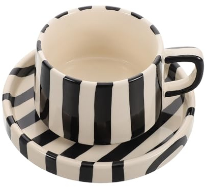 Veemoon Tasse à Café en Céramique Soucoupe, Design Rayé Unique, Facile à Nettoyer, Spécialement Conçue pour Latte Art, pour Pause Thé Bureau