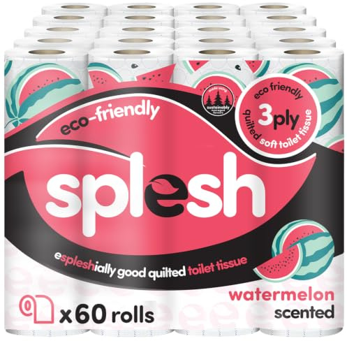 Splesh by Cusheen Toilet Roll 60 Rolls - Watermelon Scent Bulk Family Pack | Soft 3 Ply Quilted Bathroom Tissue Loo Rolls | Eco-Friendly, Sustainable Toilet Paper