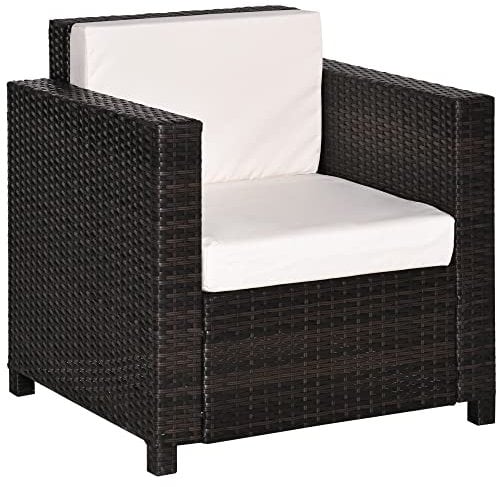 Outsunny Single Seater Rattan Chair Sofa with 10 cm Thick Padded Cushion, All-Weather PE Wicker Weave Garden Armchair with Armrests, Brown