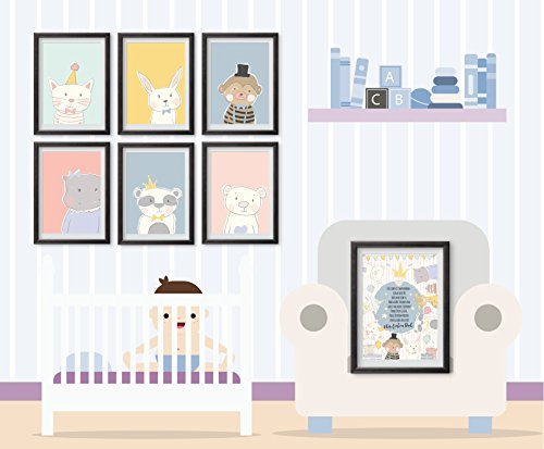 Willkommen Baby-Poster Set - Poster und Kinderzimmer-Dekoration für das Neugeborene mit süßen Tieren für Babies und Kleinkinder, Set aus 7 Stück ohne Rahmen, 13x18cm, Fotopapier, Pastellfarben