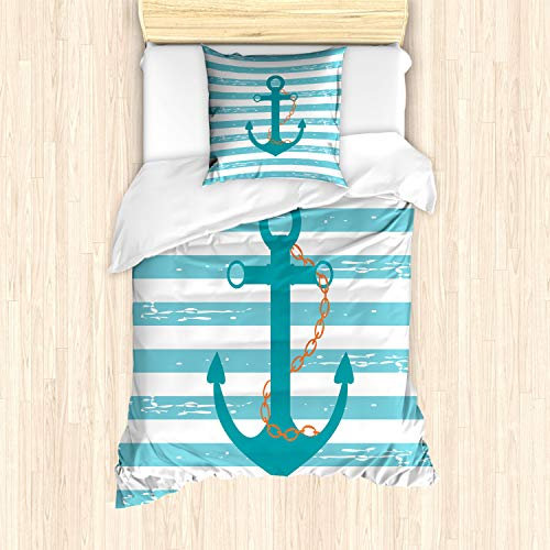 ABAKUHAUS Teal Bettbezug Set für Einzelbetten, Schiffsanker Marine Life, Milbensicher Allergiker geeignet mit Kissenbezug, Teal Turquoise Weiß