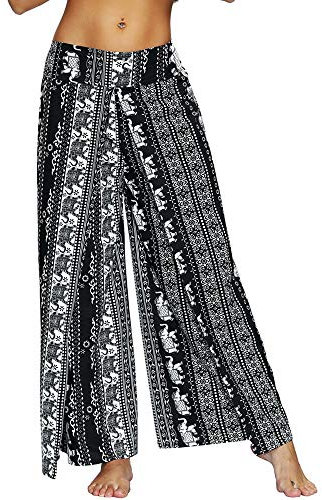 Nuofengkudu Damen Sommerhose Hippie Lange Hosen mit Schlitz Lockere Weites Bein Palazzo Bunt Flowy Yogahose Luftige Elegant Leicht Freizeit Sommer Strand Urlaub(Schwarz Elefant,Größe XL,Etikett L/XL)
