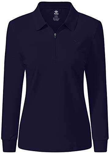 MoFiz Damen Poloshirt Langarm Baumwolle Polohemd Sport Polo Wintershirts mit Reißverschluss Kragen Marineblau L