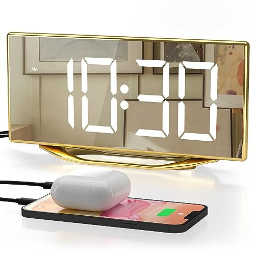 Digital Alarm Clock for Bedrooms, Slim LED Desk Clock with Gold Mirror Finish, 7 Levels Brightness, Dual USB Ports, Snooze, 12/24H, 8.7 Large Display Modern Bedside Clock for Home Office Decor