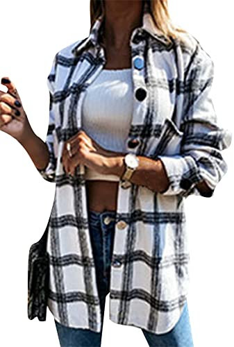 YMING Femmes Casual Plaid Chemise avec Poches Bouton Down Shirt Manches Longues Bûcheron Veste Noir Blanc 3XL