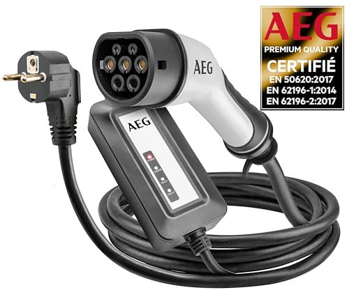 AEG 005125 Chargeur Portable Voitures Electriques Hybrides 230V, 5m, 16A Monophasé Type 2 vers Prise 230V, 3,7kW Noir/Gris