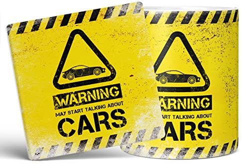Mug Monster - Warning May Start Talking About Cars Funny Gift Mug - Ceramic Coffee Cup, Gift for Men or Women, Extra Large and Giant Available, 20oz White & Coaster