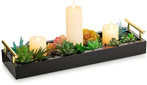 Hanobe Deko Tablett Holz Serviertablett: Holztablett Länglich Dekotablett Rechteckig mit Metall Griff Vintage Schwarz Lang Tabletts Klein Kerzentablett Holztabletts Kerzen für Teelicht Couchtisch