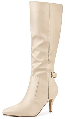 Allegra K Stivali alti al ginocchio da donna con fibbia a punta tacco a spillo, Beige, 39 EU