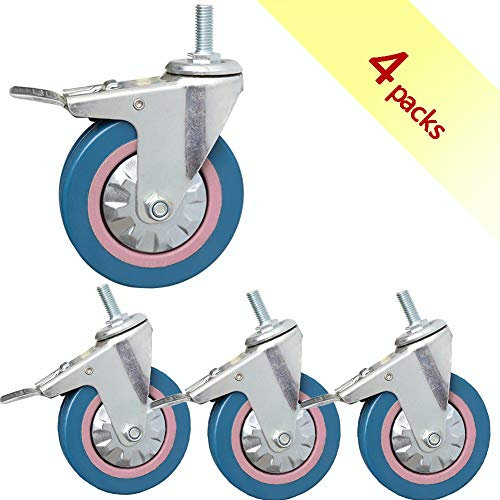 BOCbco Plattenrollen 4 Zoll 100 Mm Industrielle Leise Tpr-Hochleistungsrollen, Lenkrollen Mit M10-Gewinde, 300 Kg Mit Bremse, Krankenhaus, Fabrik, Schule, Hotelwagen, Kunstgummi Qu/Blue/3Inch M10 4Bra
