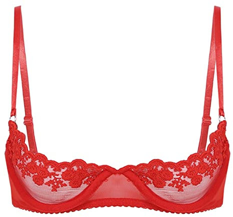 Agoky Women's Sexy 1/4 Cup Lace Bra Padded Unlined Underwire Push Up Balconette Every Day Bra Red A XXL