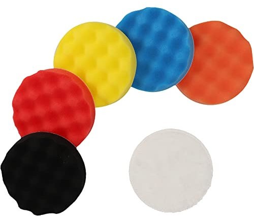 cartrend Polierschwammset mit M14 Schraubenaufnahme, Polierpad, 5 auswaschbare Schwämme, Polierhaube mit Klettaufnahme und Polierteller, mehrfarbig, 150 mm Durchmesser