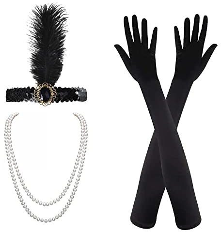 MIVAIUN 1920 Zubehör Set, 1920s Kostüm Damen Flapper Accessoires Set, Flapper Great Gatsby Accessoires Set, Stirnband Halskette Handschuhe Ohrringe, für Halloween Weihnachten Neujahr Party