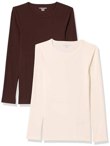 Amazon Essentials Haut à Encolure Ronde et Manches Longues, Coupe ajustée, en Maille côtelée (Existe en Grandes Tailles) Femme, Lot de 2, Coquille D’œuf/Marrón Espresso, XS