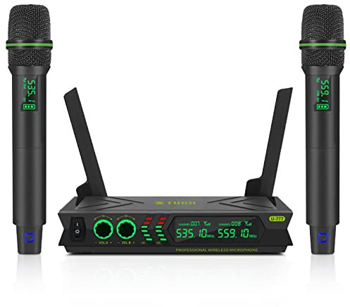 XTUGA U777 Système de Microphone sans Fil, Double Microphone sans Fil Dynamique à Main 2x48 canaux UHF réglables, 200ft pour l'église, Le karaoké, Les Mariages et Les événements