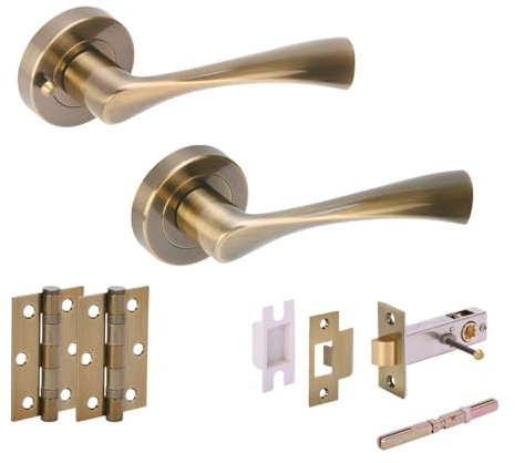 HANDLEZONE® Zena Privacy Door Handle Latch Pack, Complete with Lever On Rose Handles, Latch, Ball Bearing Hinges - Antique Bronze