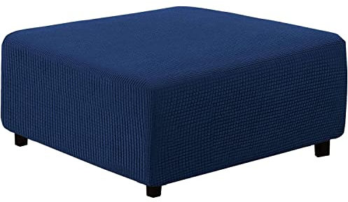 qiden Quadratischer Hockerbezug Stretch-Ottomanenbezug Plüsch, 10% Dicker großer Stretch-Hockerbezug Anti-Rutsch-Fußhocker Schonbezüge mit elastischer Unterseite-Marine-XL