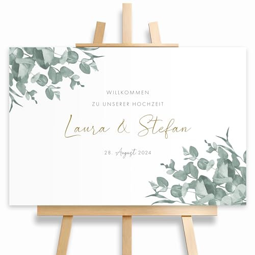 HEI Print Willkommensschild Hochzeit Eukalyptus mit Datum und Namen, personalisierte Hochzeitsdekoration, Hochzeitsdeko, Willkommen Schild, Grün, 60x40 (Poster)