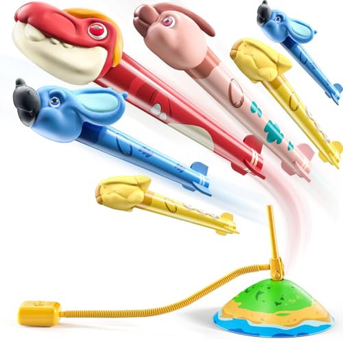 TEMI Dinosaurs Rocket Launcher for Kids - 6 Dino Rockets - Launch up to 100 ft, Fun Outdoor or Indoor Sports Toy for Boys & Girls Age 3 4 5 6 7+ Years Old, Dinosaur Toy Kids Gift Age 3-12