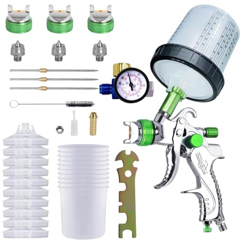 HVLP Spray Gun, Paint Sprayer with 10pcs 600ML Disposable Cups&Pressure Gauge, Car Spray Gun Kit with 3 Nozzles 1.4/1.7/2mm&Nozzle Paint Mixing Quick Cup for Car Furniture Painting (Green)
