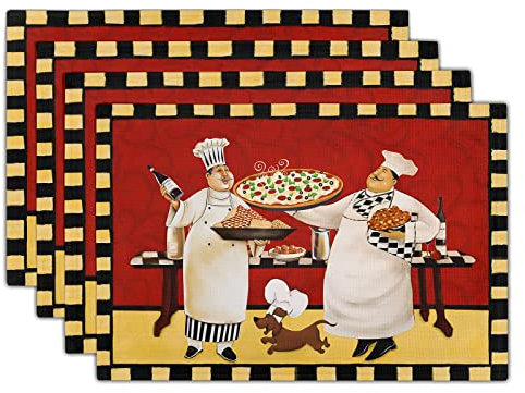 Giwawa Fat Chef Platzsets Italienische Pizza Bistro Anti-Müdigkeit Rotwein Leinen Tischset Set von 4 Kochen Lebensmitteln Hitzebeständig Platzsets für Esszimmer Küche Party Urlaub Dekoration
