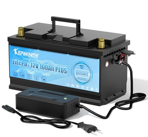 KEPWORTH Batterie Lithium 12V 100Ah, Rechargeable, LiFePO4 avec 100A Smart Bluetooth BMS et 4000-15000 Cycles Profonds, sans Entretien Parfait pour Camping-Car, Solaire, Bateaux, Hors-Réseau