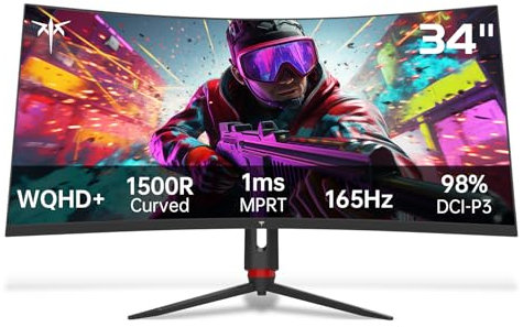KTC Monitor da gioco ultra largo curvo da 34 pollici, 21:9, 3440 x 1440 p 165 Hz 1 ms, monitor curvo 1500R, Freesync G-sync, immagine per immagine, altezza