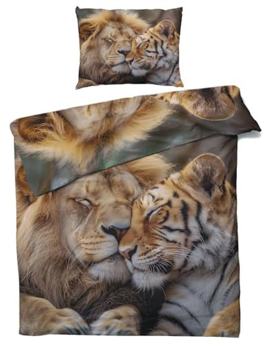 GEDAEUBA Löwe Tiger Bettwäsche 155x220 - Wilde Tiere Bettbezug 155x220 3 teilig, Wendebettwäsche und Kissenbezug 80x80, Weiche & Angenehme Mikrofaser Bettwäsche-Sets mit Reißverschluss