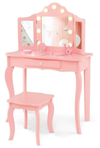 RELAX4LIFE Toeletta Trucco per Bambina con 9 Lampadine LED, 3 Colori di Luci, Specchiera Trucco con Sgabello, Toeletta in Legno, Specchio Rimovibile, per Bambini 3+ Anni (Rosa, L)