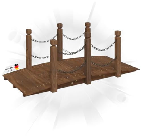DELUKE® Holzbrücke mit Kettengeländer Robbi Braun | 150x67x56cm | Gartenbrücke mit Geländer Teichbrücke Holzsteg Gartendeko Teich Garten Zierbrücke Hinterhof-Brücke Deko