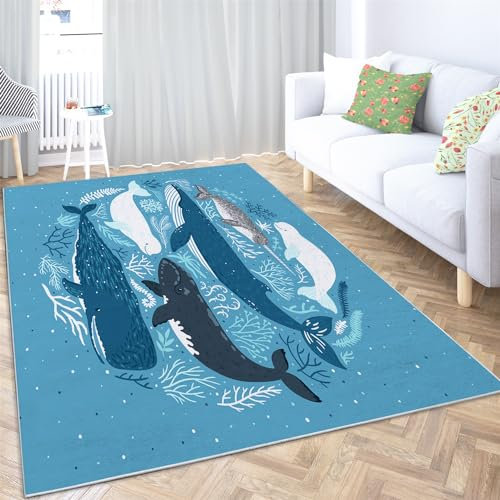 Home Dekoration Teppich 120x170cm, Meerestier Hai Teppich Weicher Flanell rutschfeste Waschbar, Blau Teppiche Schmutzabweisend für Schlafzimmer Wohnzimmer Kinderzimmer Küche