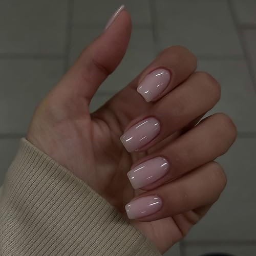 MrCuvaryas Press on Nails Kurz, Square Nägel zum Aufkleben Fake Nails Künstliche Fingernägel mit Nagelkleber, Glossy Einfarbige Kunstnägel zum Aufkleben NailTips für Frauen (Nude Color, 24pcs)