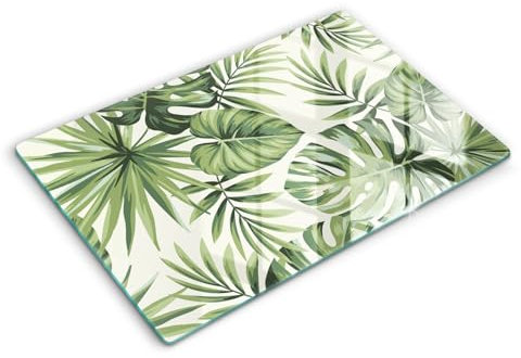 Wallfluent Herdabdeckplatte Robuste Kochplattenabdeckung Hartglas mit Motiv Gehärtetem Glas 80x52cm Anti-Rutsch-Pads Für Küche - Monstera hinterlässt Illustration