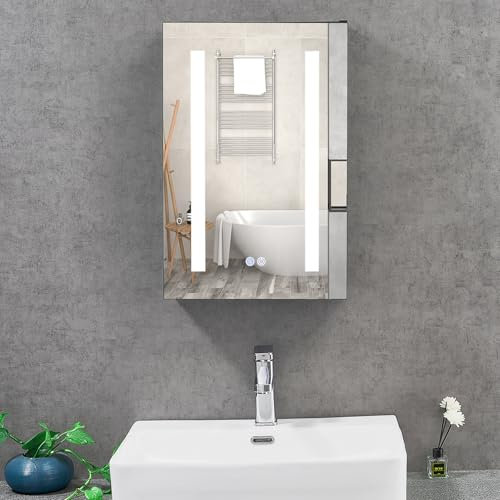 T&K LED Armoire Miroir de Salle de Bains 40x60cm avec éclairage et unité de désembuage avec Prise USB, Armoire de Toilette Murale en Aluminium à Une Porte