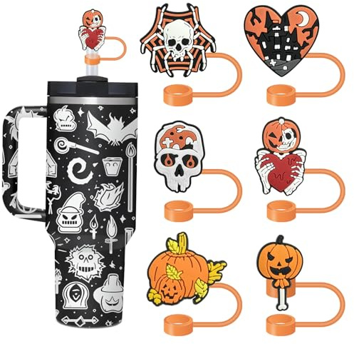 6PCS Cute Halloween Straw Cover Skull Straw Topper for Stanley Tumblers Accessories, Reusable Straw Cap Stopper for Straws Tip Lids