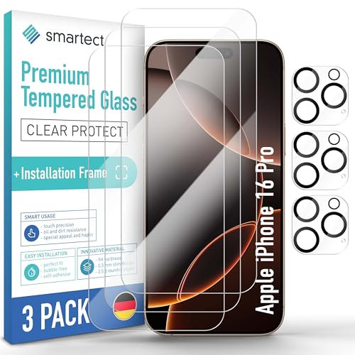 smartect Schutzglas [3 + 3 Stück, Klar] kompatibel mit iPhone 16 Pro, Display + Kamera, inkl. Positionierhilfe, HD Schutzfolie Anti-Kratzer, Blasenfrei, 9H Härte, 0.3 mm Ultra-klar