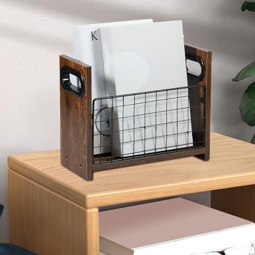 QINGLANG Porte-revues en métal et bois pour magazines, journaux, courrier et dossier, organiseur de dossier, panier de rangement pour magazines, livres, documents, tablettes