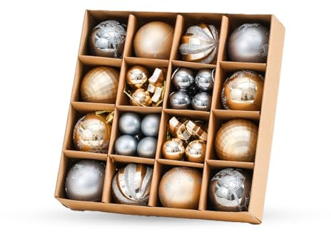 Christmas Tree Decorations Baubles 44 Pcs – Hanging Ball Ornaments Sets – Shatterproof 3 & 6cm Plastic Balls for Festive Holiday – Ideal for Home, Trees, Weddings, and Party Decor (Grey & Gold)