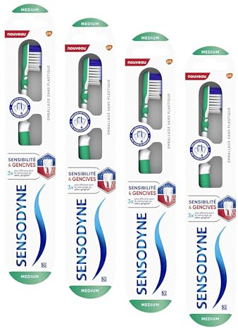 Sensodyne Brosse à Dents Sensibilité & Gencives Medium Pour Un Nettoyage En Douceur Des Dents Sensibles, Sensibilité Dentaires, Sans Endommager Les Gencives, Couleur Aléatoire (Lot de 4)