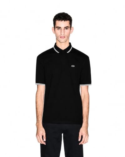 Armani Exchange Men's Essential, Double Striped Sleeve and Collar Side Monogram Logo Polo Shirt, Black, S