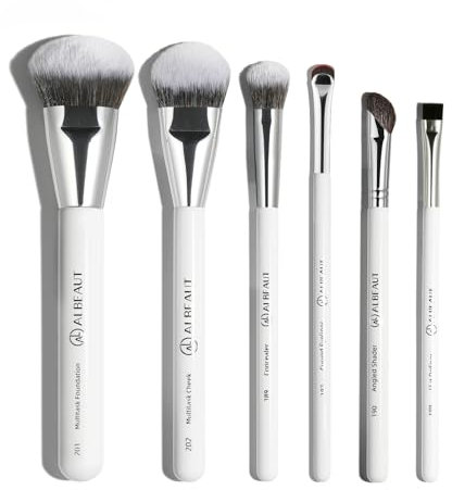 ALBEAUT 6-teiliges Gesichts-Make-up-Pinsel-Set, abgewinkelt, für Foundation, Rouge, Concealer, Eyeliner, Augenbrauen und Kontur, weiß, Nylonborsten, Holzgriff
