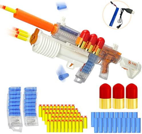 UNIKONIO Shot Gun, Foam Dart Launcher Electric Toy, Shell Ejecting Toy Gun, Semi-Auto/Manual Modes, 50 EVA Foam Bullets 2 Magazines 20 Reusable Holders 3-Dart Burst Launcher, Birthday Gift - Orange