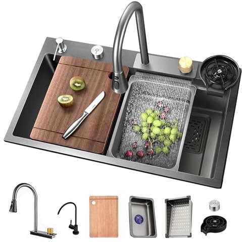 ATHOMASM Lavello da incasso in acciaio inox, 1 vasca, 85 x 50 cm, colore nero, grigio, con design a cascata, rubinetto estraibile, stazione di lavoro e scolapiatti