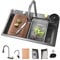 ATHOMASM Lavello da incasso in acciaio inox, 1 vasca, 85 x 50 cm, colore nero, grigio, con design a cascata, rubinetto estraibile, stazione di lavoro e scolapiatti