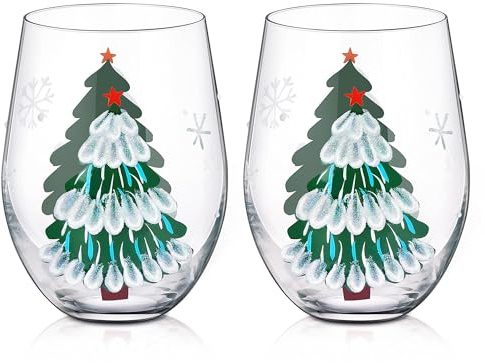 Joeyan 560ml Verres à Vin Rouge de Noël sans Pied, Lot de 2 Crystal Gobelets avec Sapin de Noël Vert et Flocons de Neige Peints à la Main, Service de Table pour Fêtes et Cadeaux Festifs