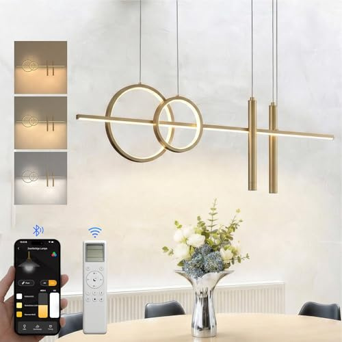 doporro Pendelleuchte Esstisch mit Fernbedienung & App 30W in Gold | Stilvolle Minimalistische Hängelampe Esstisch Dimmbar 3000K-6000K, Esszimmerlampe für Esszimmer Wohnzimmer, Luvina09