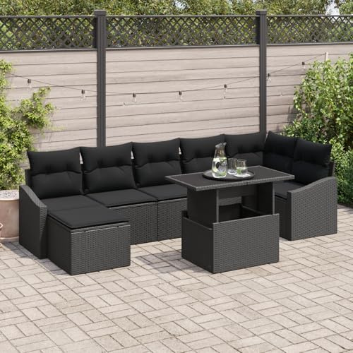 IBUQDDV 8-teiliges Gartensofa Set Schwarz Poly Rattan mit Kissen Eckbank Tisch für Terrasse Balkon Garten Outdoor Möbel Sitzgruppe