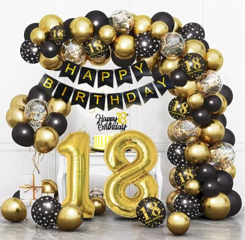 Luftballon 18. Geburtstag Schwarz Gold, Deko 18. Geburtstag, Luftballon 18, Bogen Luftballons Schwarz Gold, Geburtstagsdeko für 18 Jahre Mann Frauen