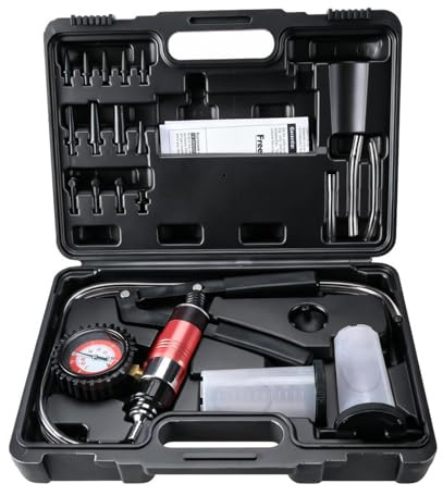 FreeTec 23PC Bomba Vacío Purgador Frenos, 40 PSI 26 inHg Pistola Vacio y Presion Manual, Kit Bomba Purgador Frenos Vacuometro para Purga de Liquido de Freno en Moto Coche Camión (Negro)